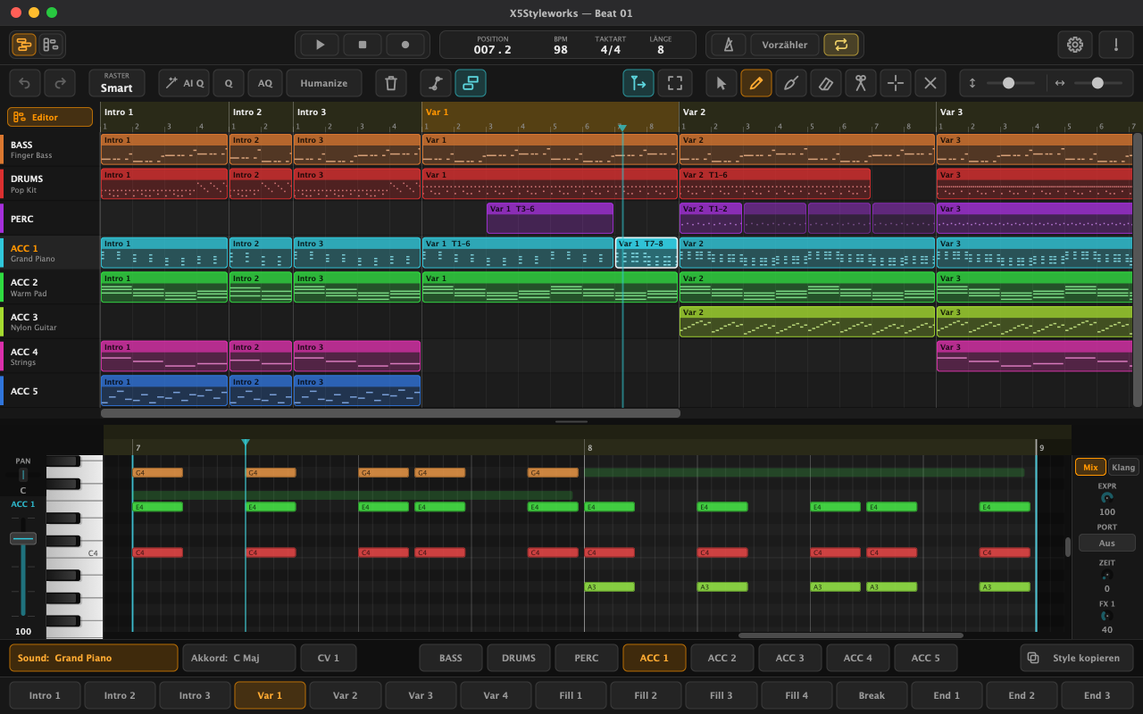 X5Styleworks: DAW view with coloured regions for each track and element, with the editor below