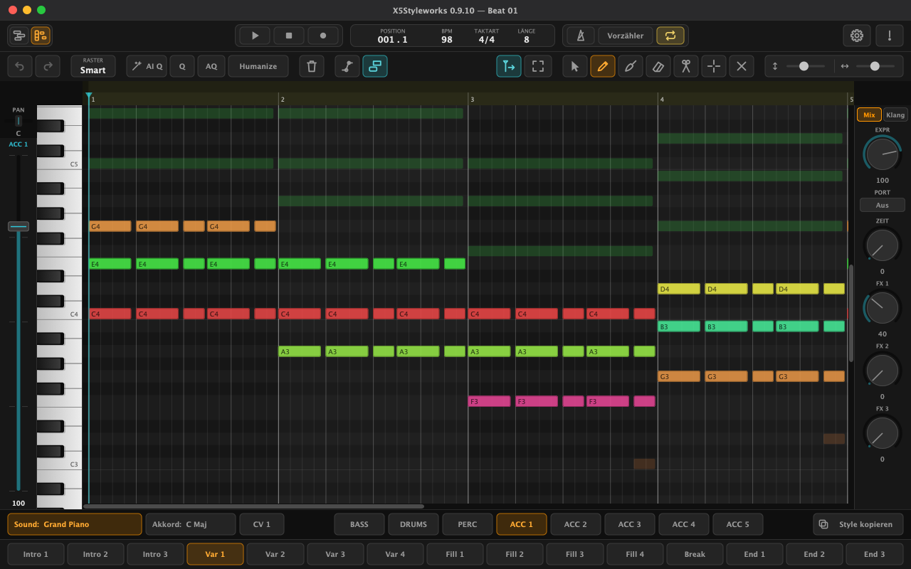 X5Styleworks: piano roll with chords, with the style's tracks and elements below
